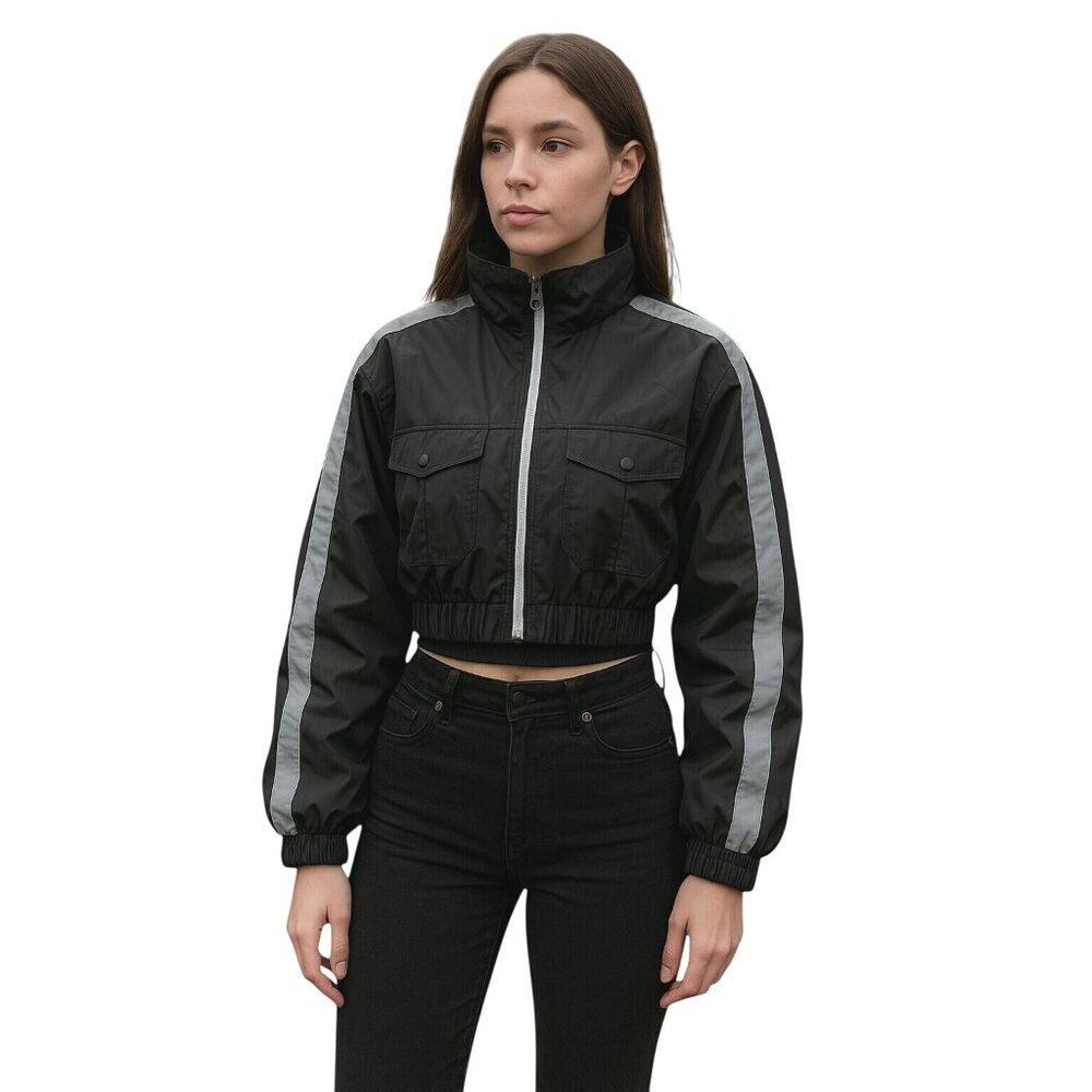 Cest Toi Cropped Black Nylon Jacket With Reflective Stripes & Zippered Front M - Picture 1 of 15
